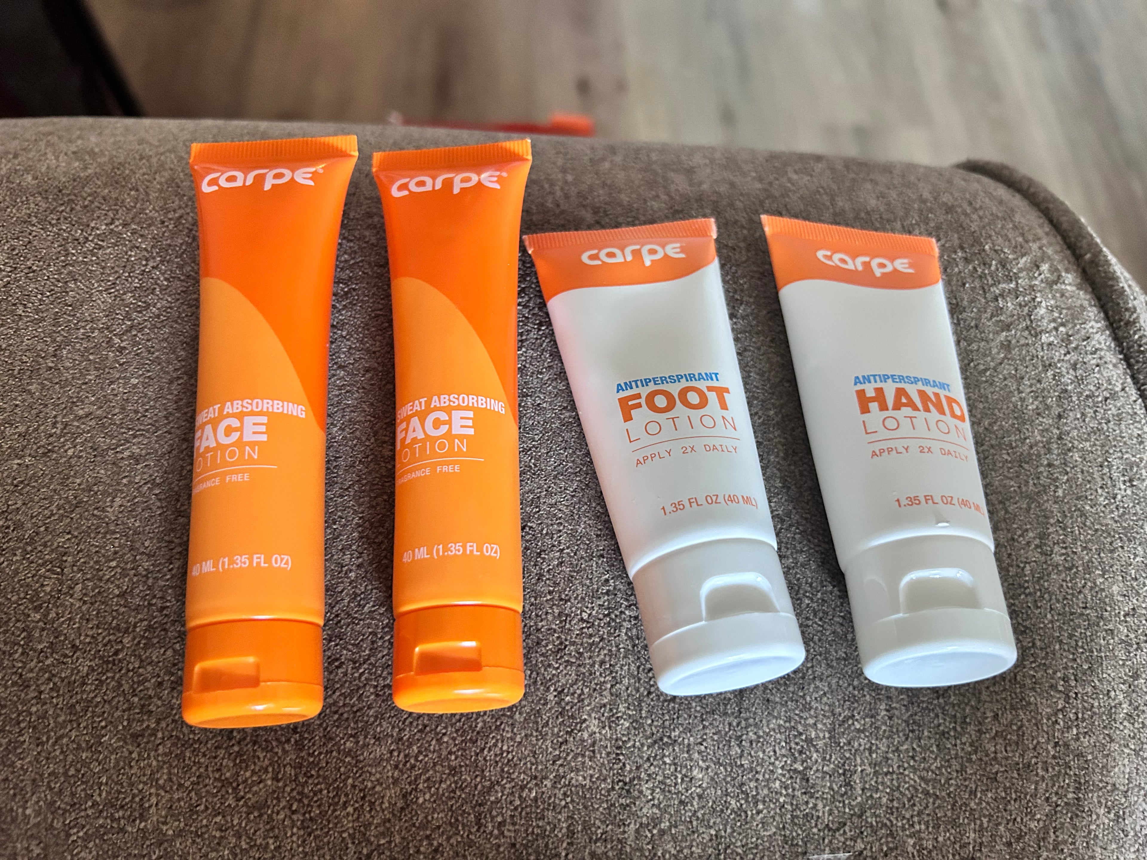 4 NEW Carpe Sweat Absorbing Lotions- Face & Feet (Current Retail $90)